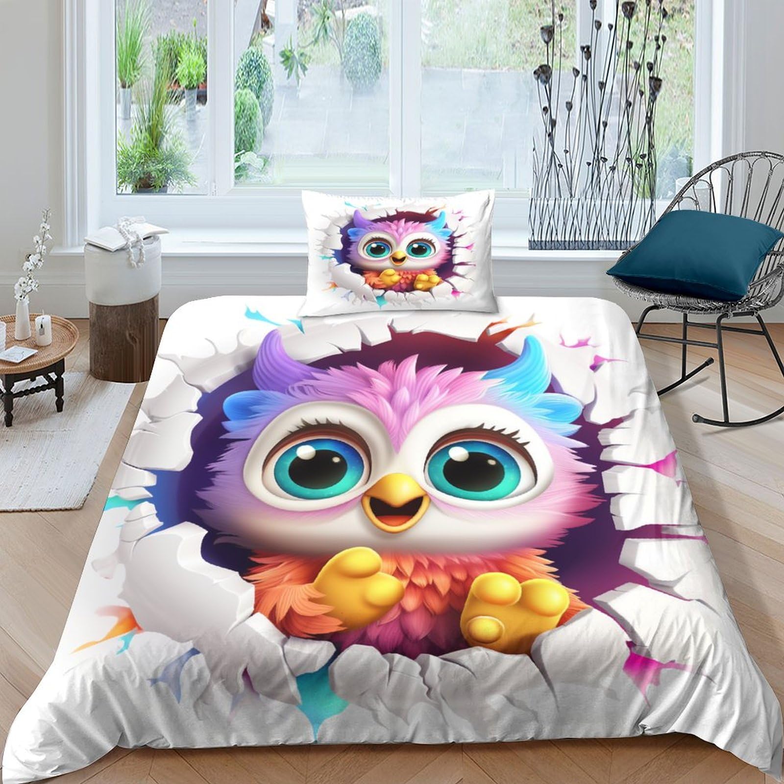 Housse de couette motif hibou 3D douce pour literie lit simple