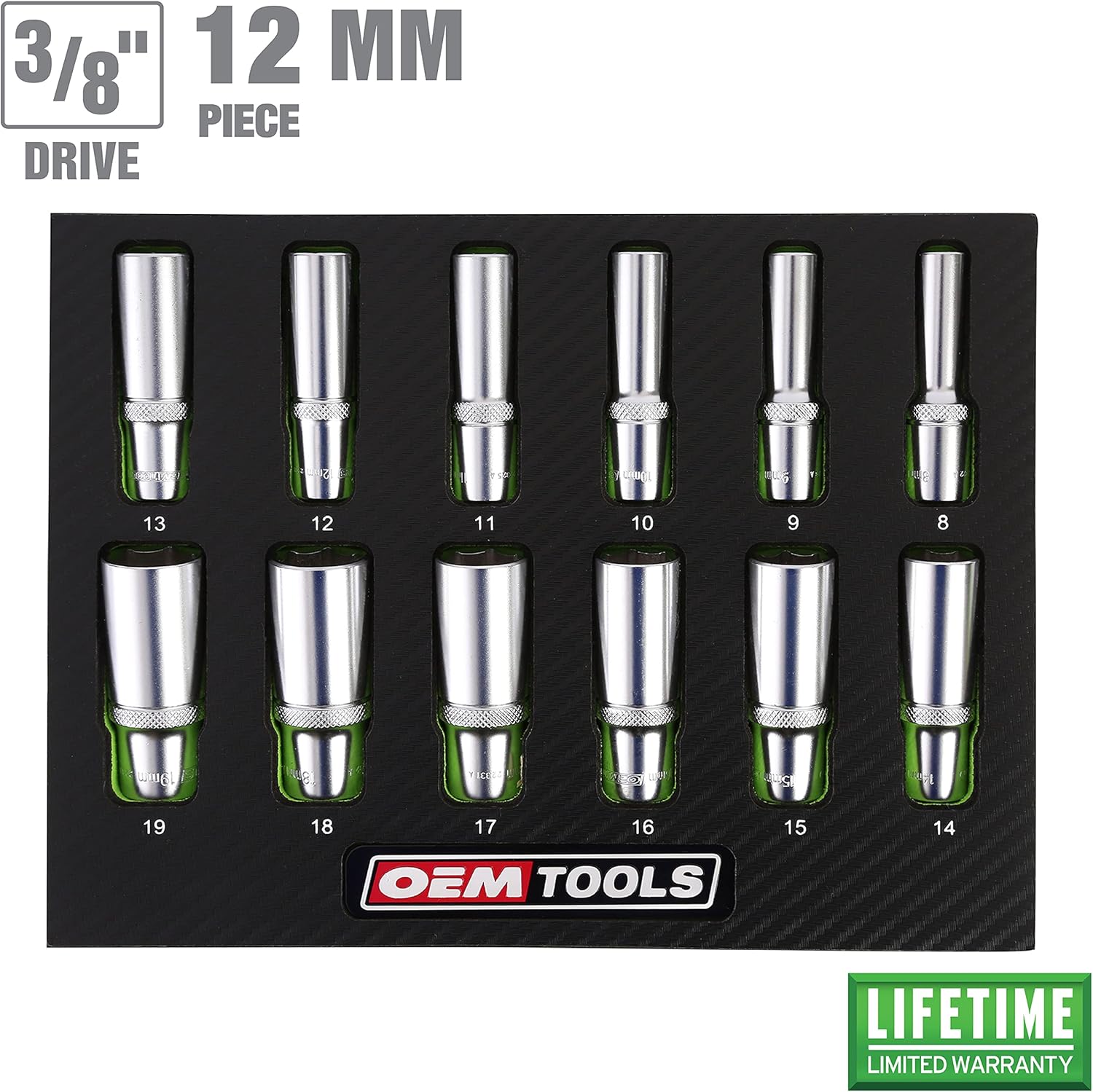 OEMTOOLS 23981 12 Piece Deep Socket Set 3/8, Deep Well Socket Set Metric 8mm-19mm, Heat-Treated Alloy Steel Sockets, Hard Chrome Finish, EVA Foam Tray