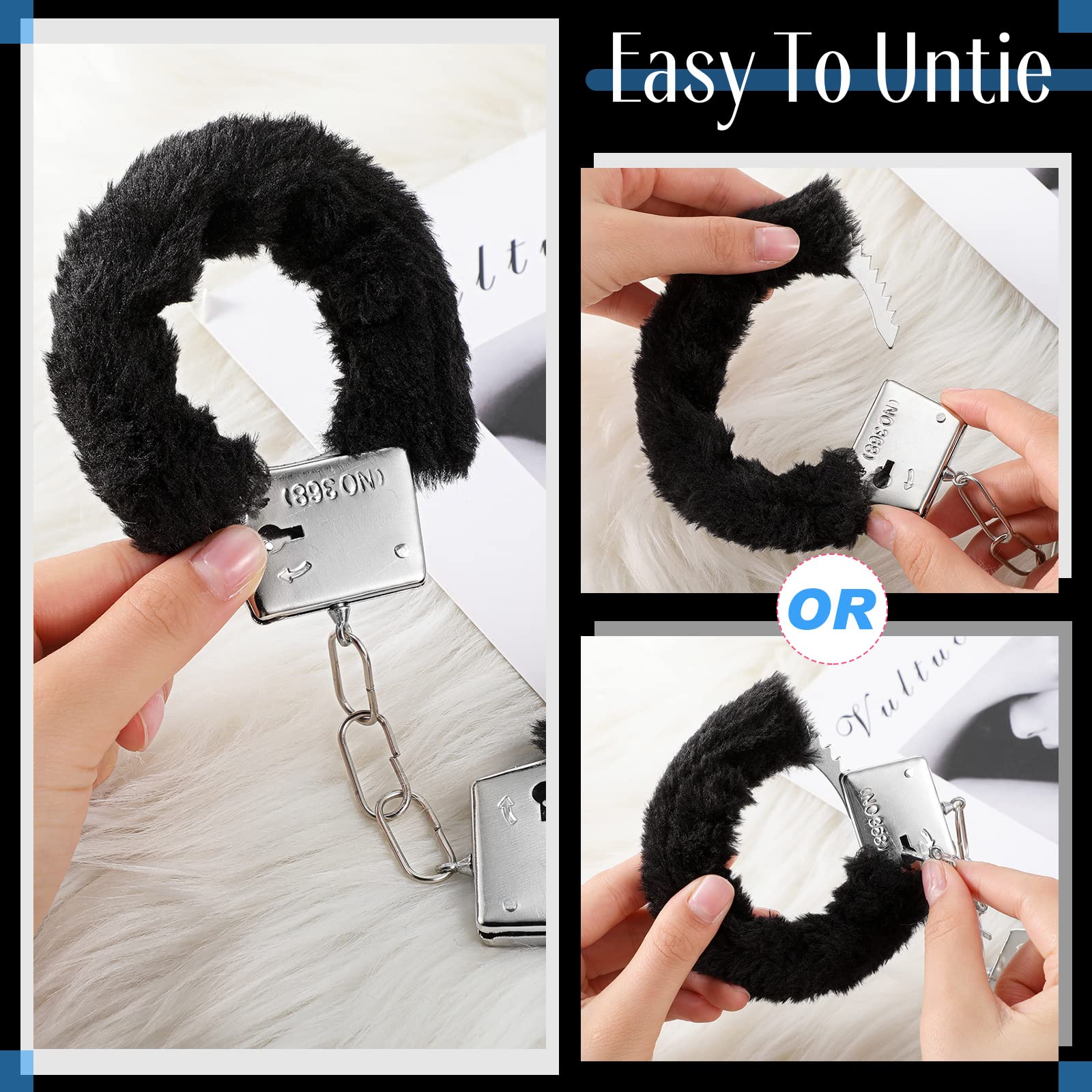 SATINIOR Manette per Coppia con 2 Chiavi Manette in Metallo Morbido Peluche per Costume di Polizia Festa di Carnevale e Halloween (Stile Peluche,Nero)