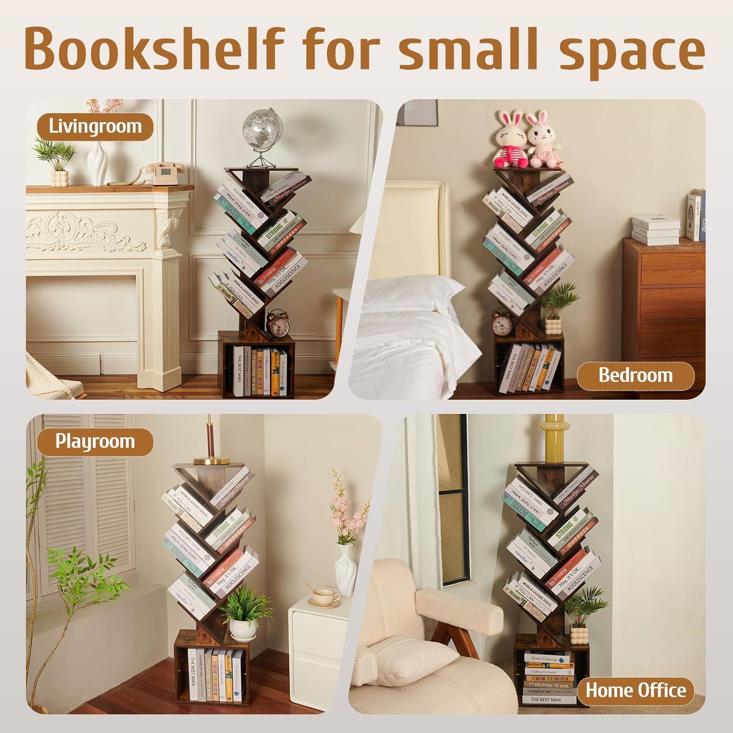 7 Tier Tree Book shelf, Small Bookcase with Reading Planner and Activity Panel, Modern Floor Standing Corner Tall Narrow Storage Cabinet Bookshelves for Home Office Bedroom Living Room (Rustic Brown)