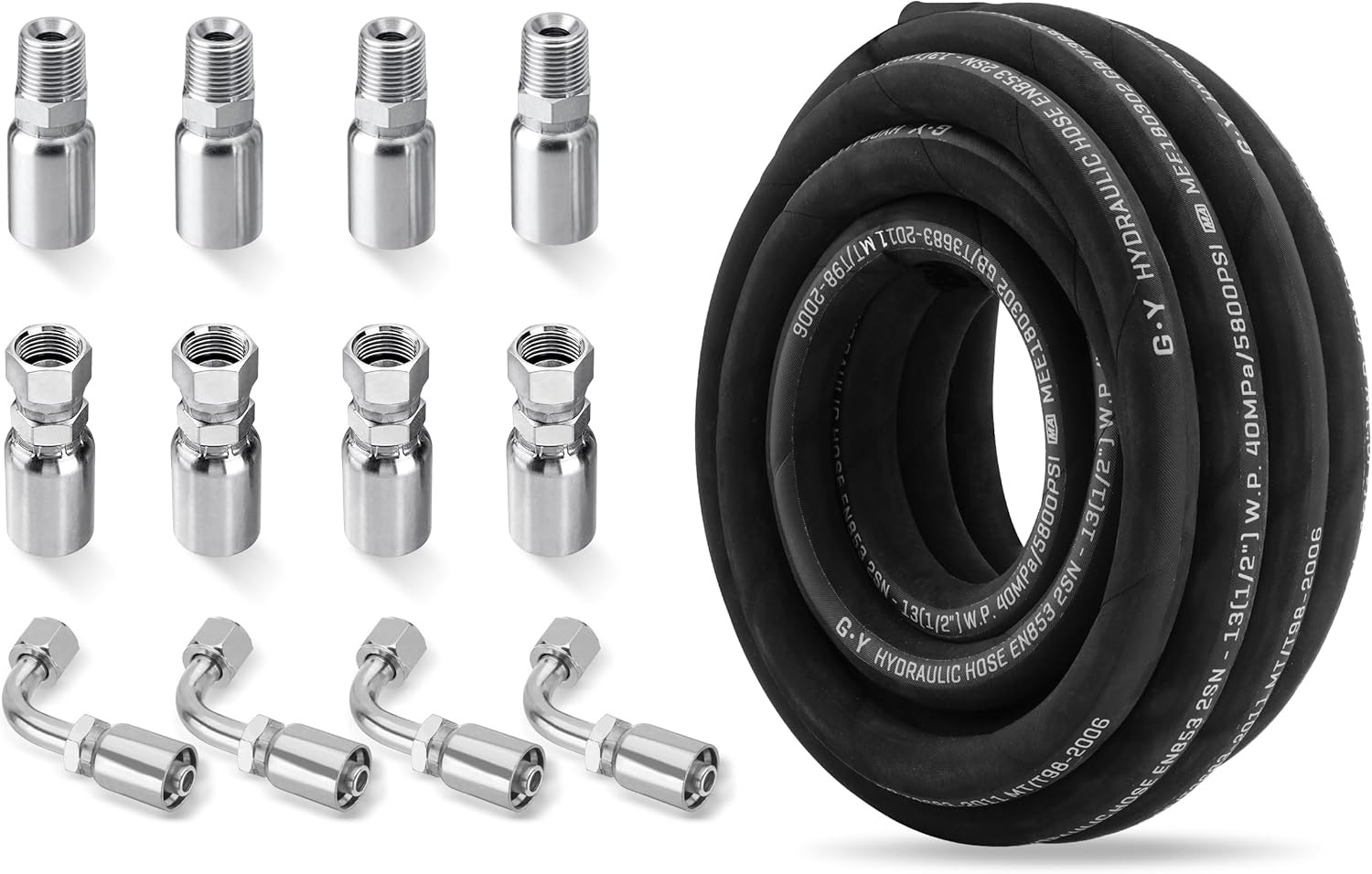 Racewill 25FT 1/2" SAE 100 R2AT Hydraulic Hose Kit with 12 JIC & NPTF Fittings - 5800 PSI High Pressure 2-Wire Braided Tube