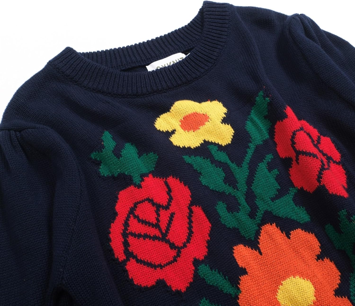 OXKNIT Women's Knit Long Sleeves Sweaters, Retro Florals Pattern Dark Blue Crewneck Bubble Sleeves Pullover Top - Image 3