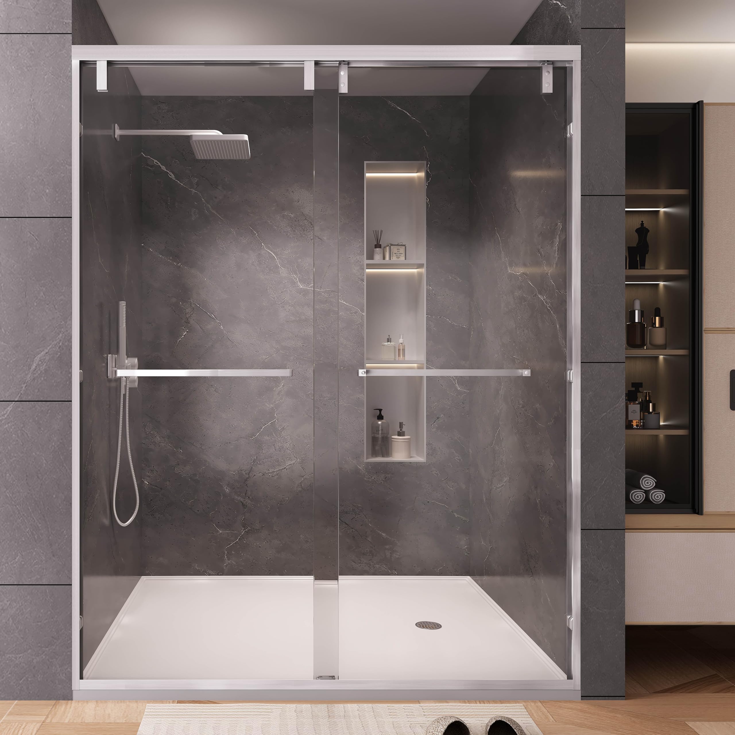 Photo 1 of Dyvalis 55-60" W x 76" H Semi-Frameless Double Sliding Shower Door, 1/4" (6mm) SGCC Tempered Clear Glass with Easy-Clean Coating, Bypass Glass Shower Doors, Brushed Nickel