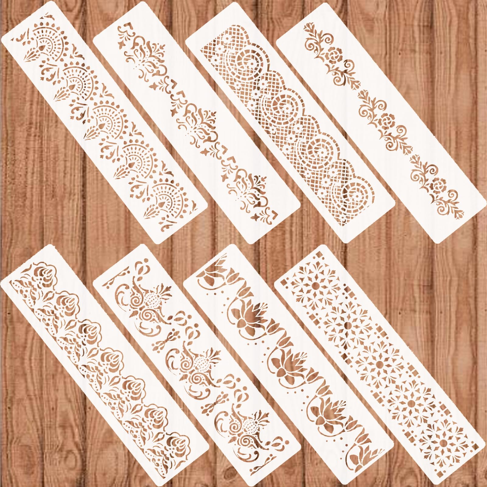 Ornate Border Painting Stencil Set 8 PCS - Flower Stencil Reusable Template for Wall Cake Decorating & DIY Crafts