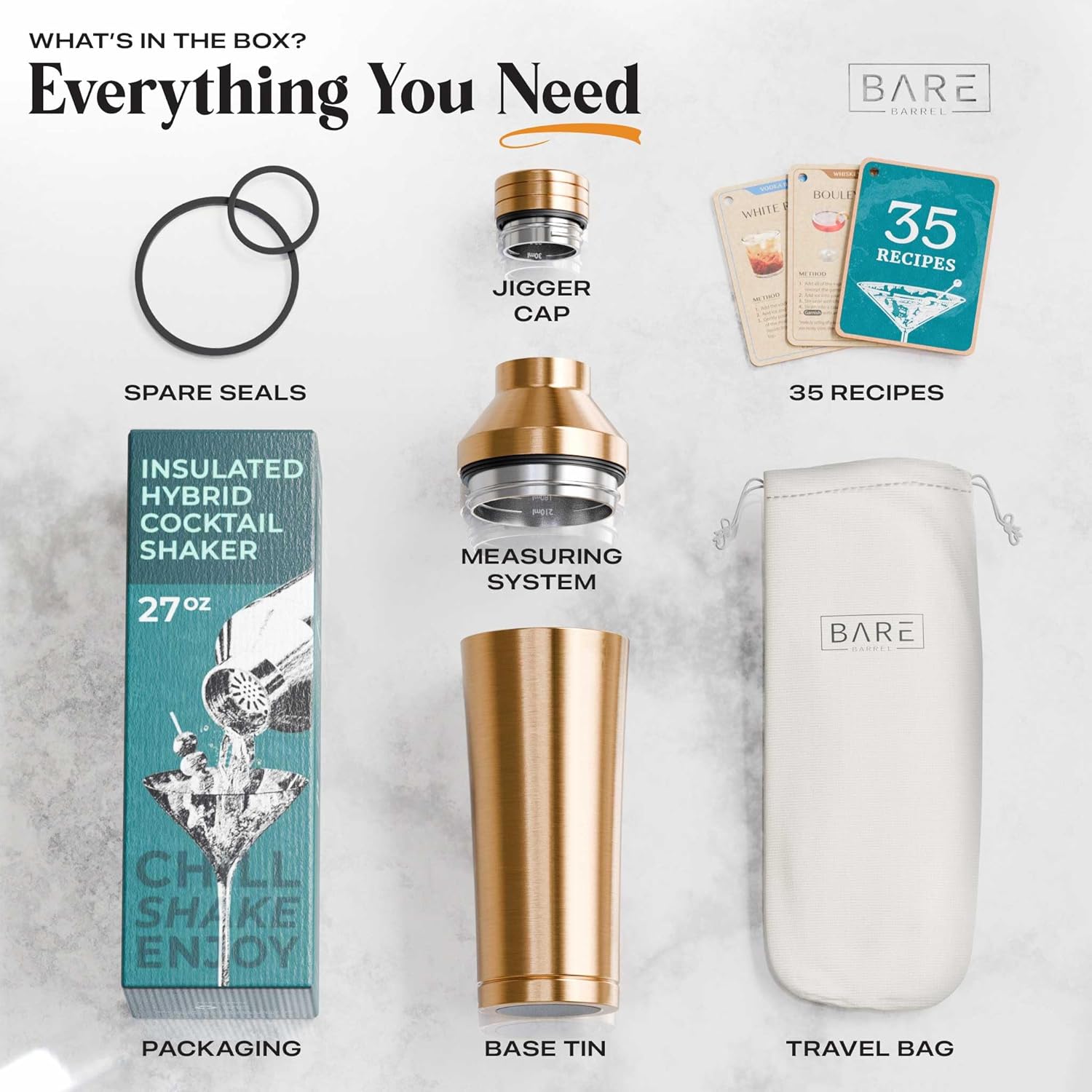 BARE BARREL Insulated Cocktail Shaker Set | Double Wall Stainless Steel | Martini Shaker for Home Bar Bartending | Built-in Drink Measure System & Strainer, Travel Bag, Recipes | Gift Set (Copper) - Image 6