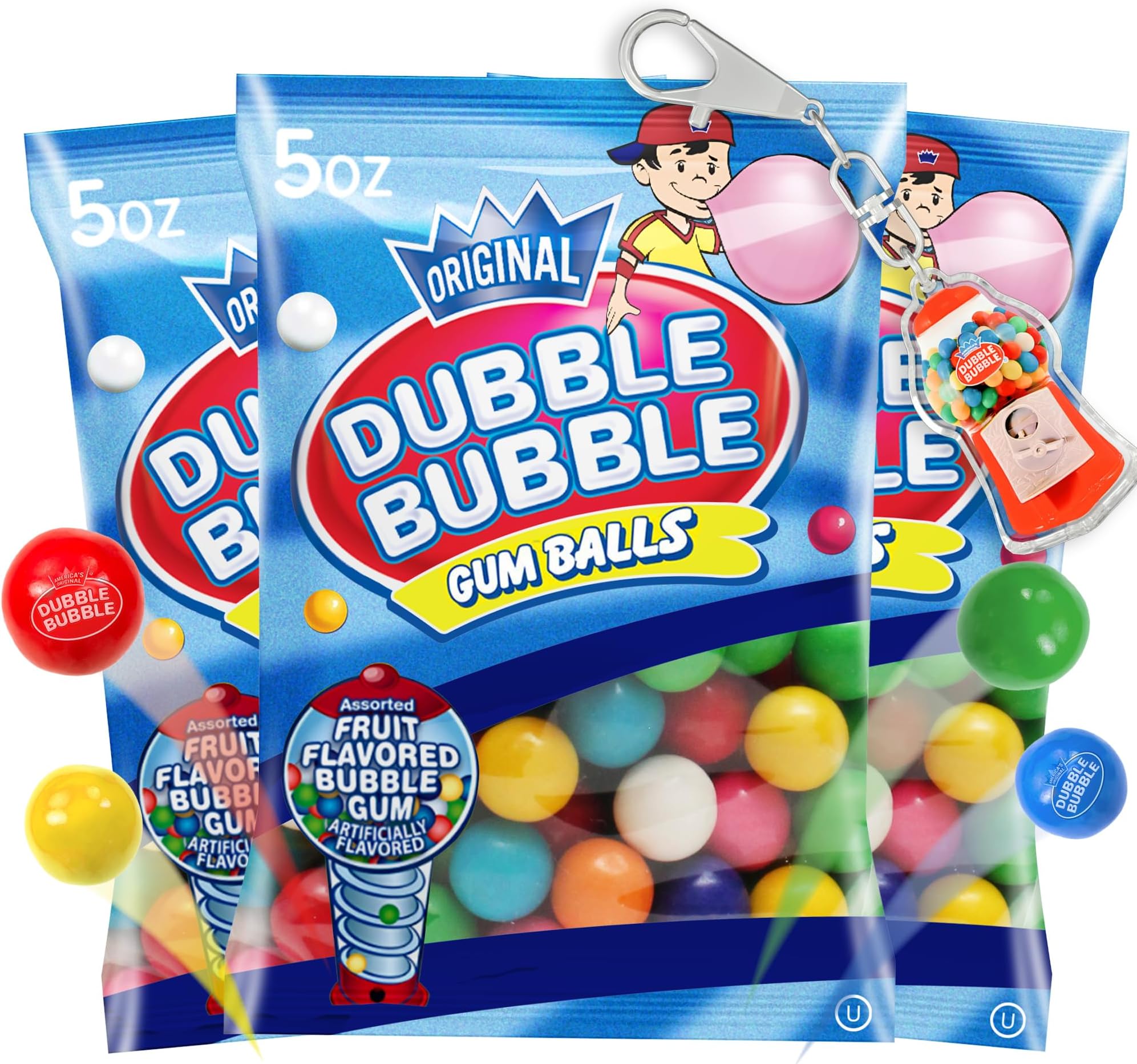 Refill Gumballs for Gumball Machine - Refill Bubble Gum 15 oz - 3 Pack of Double Bubble Gum Ball Candies - Christmas Holiday Gift Antique Style For Bubble Gum Machine -With Keychain - Playo