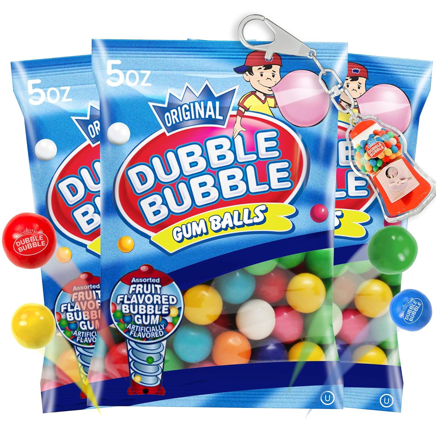 Refill Gumballs for Gumball Machine - Refill Bubble Gum 15 oz - 3 Pack of Double Bubble Gum Ball Candies - Christmas Holiday Gift Antique Style For Bubble Gum Machine -With Keychain - Playo