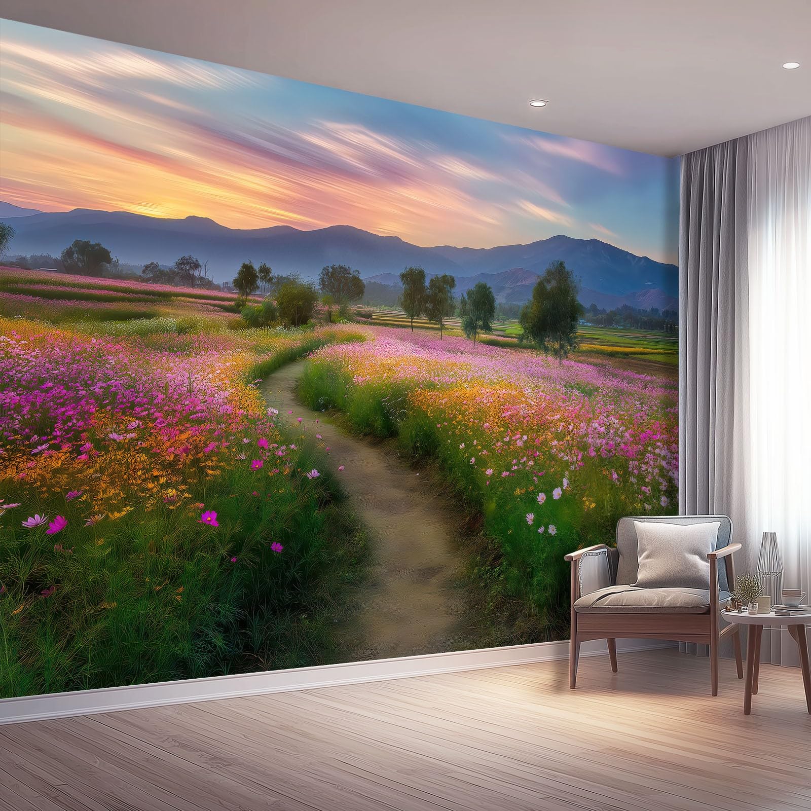Papier peint panoramique pour agrandir une petite pièce avec un décor de montagnes