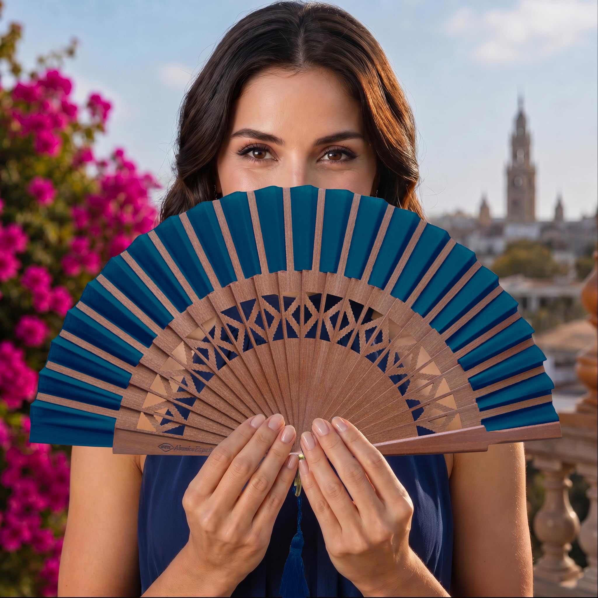 Ventaglio Spagnolo Artigianale - Blu - 100% Cotone e Legno di Sipo - Ventaglio Particolari ed Elegante - Ventaglio Grande per Donna e Sposa