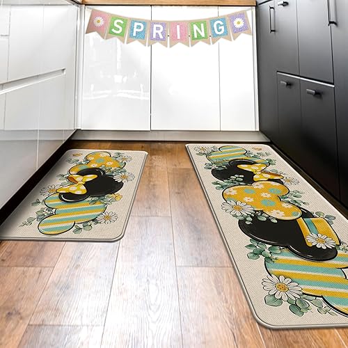 Miniatura 6 de Tailus Juego de 2 alfombras de cocina de ratón de dibujos animados para primavera y verano, hojas de eucalipto, margarita, verde azulado, rayas