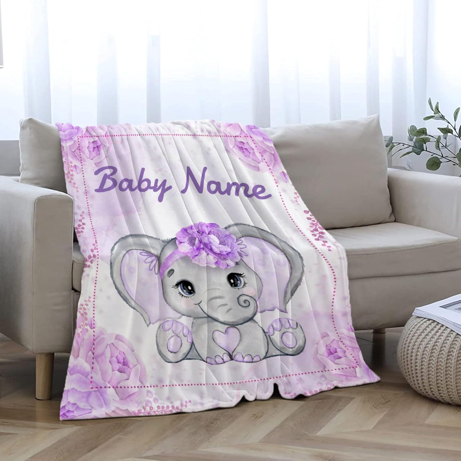 Custom Elephant Baby Blanket for Girls Women Purple Flowers Personalized Blanket with Name Cozy Lightweight Throw Blankets for Bedding Practical Gifts Medium 60×50in for Teen