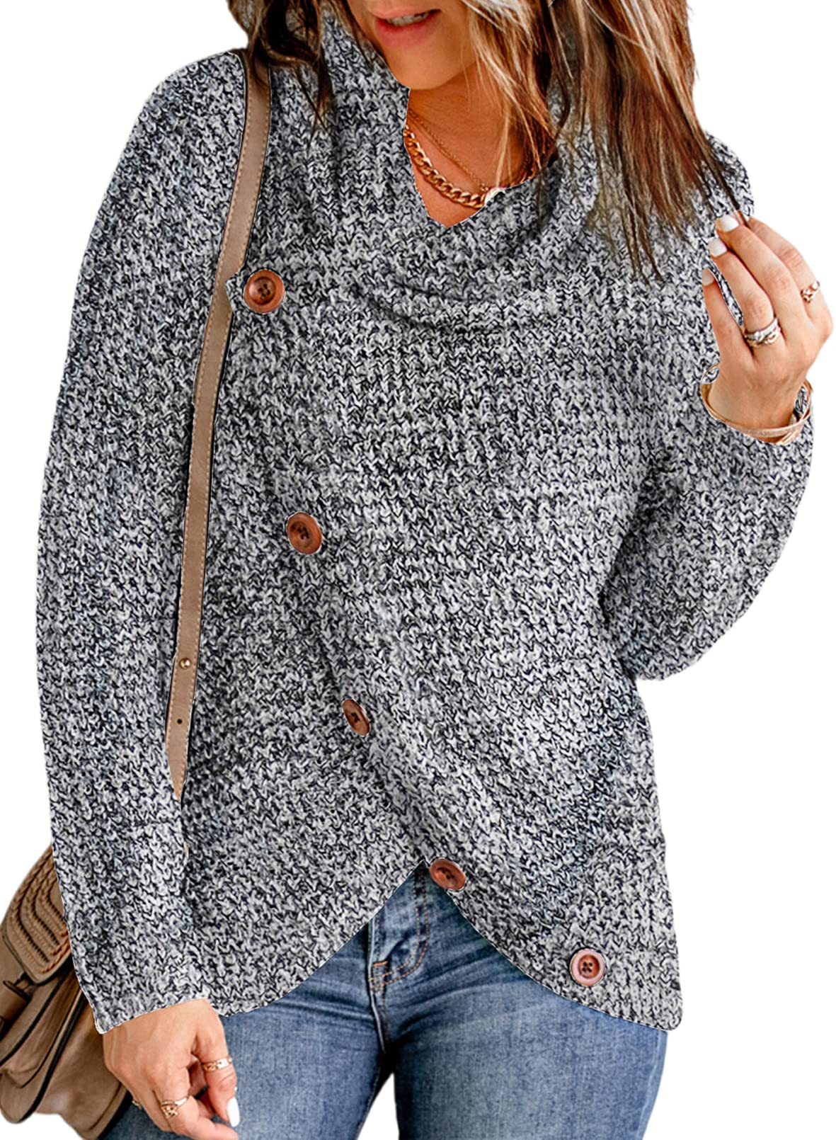 Itsmode Women's Chunky Turtle Cowl Neck Knit Wrap Asymmetric Hem Sweater Coat with Button Details