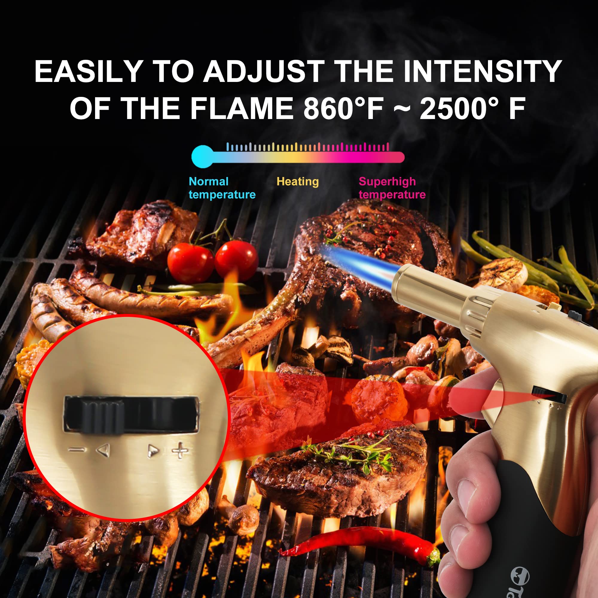 Torcia a butano, grande torcia da cucina a doppia fiamma, con blocco di sicurezza, regolabile, ricaricabile, multiuso, per creme brûlée, cottura al forno, barbecue (gas butano non incluso)