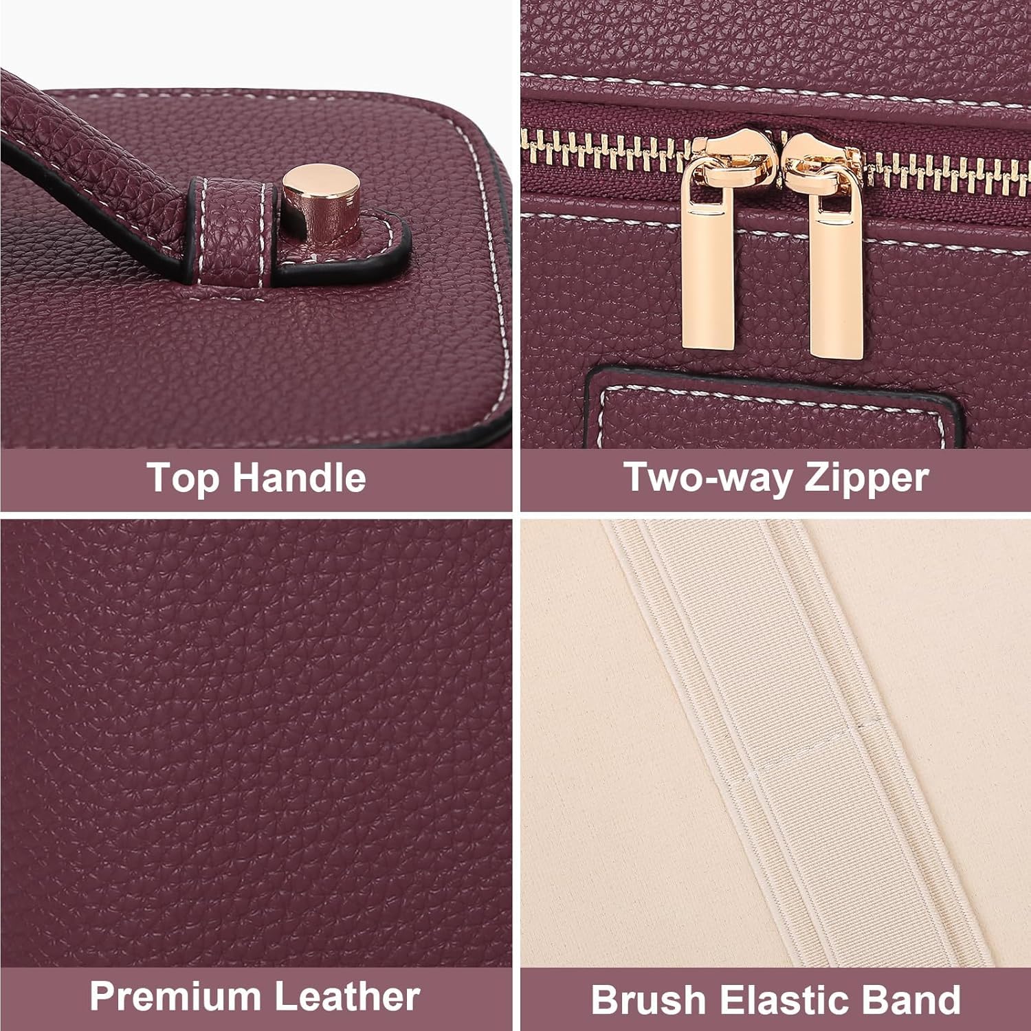 Starnearby Neceser de mujer de piel sintética, bolsa de cosméticos de viaje, neceser de maquillaje para mujer con divisor extraíble, bolsa de aseo, neceser cosmético de viaje, burdeos, 21,5 x 12,5 x