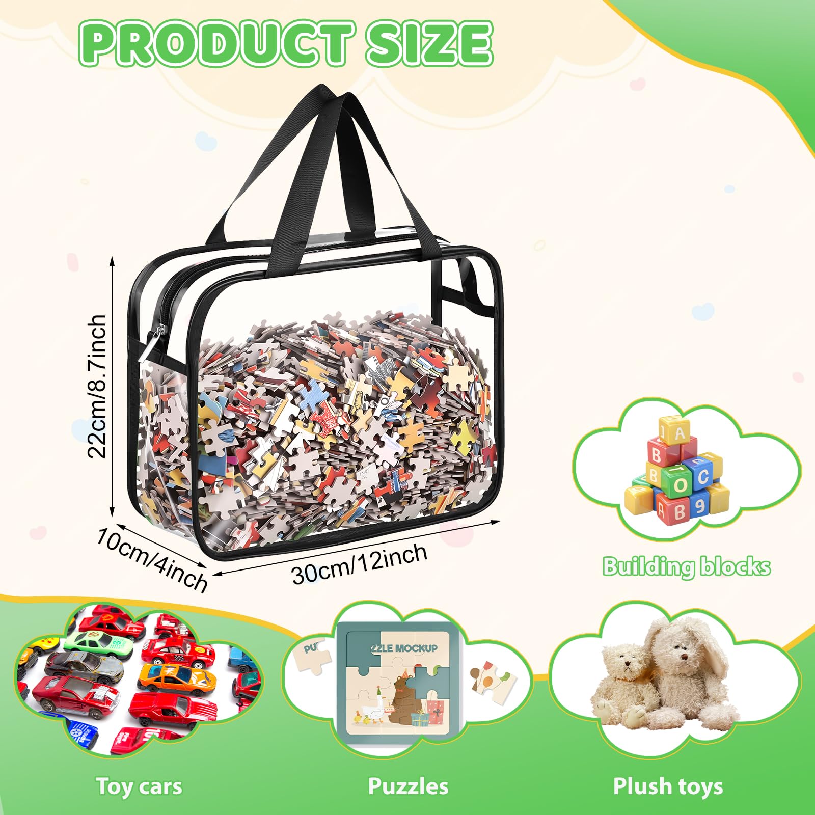 Dntorx Sacchetti per giocattoli, organizzazione e conservazione, confezione da 4 organizer in PVC trasparente, grandi borse impermeabili con cerniera con manici per libri per bambini, puzzle, blocchi