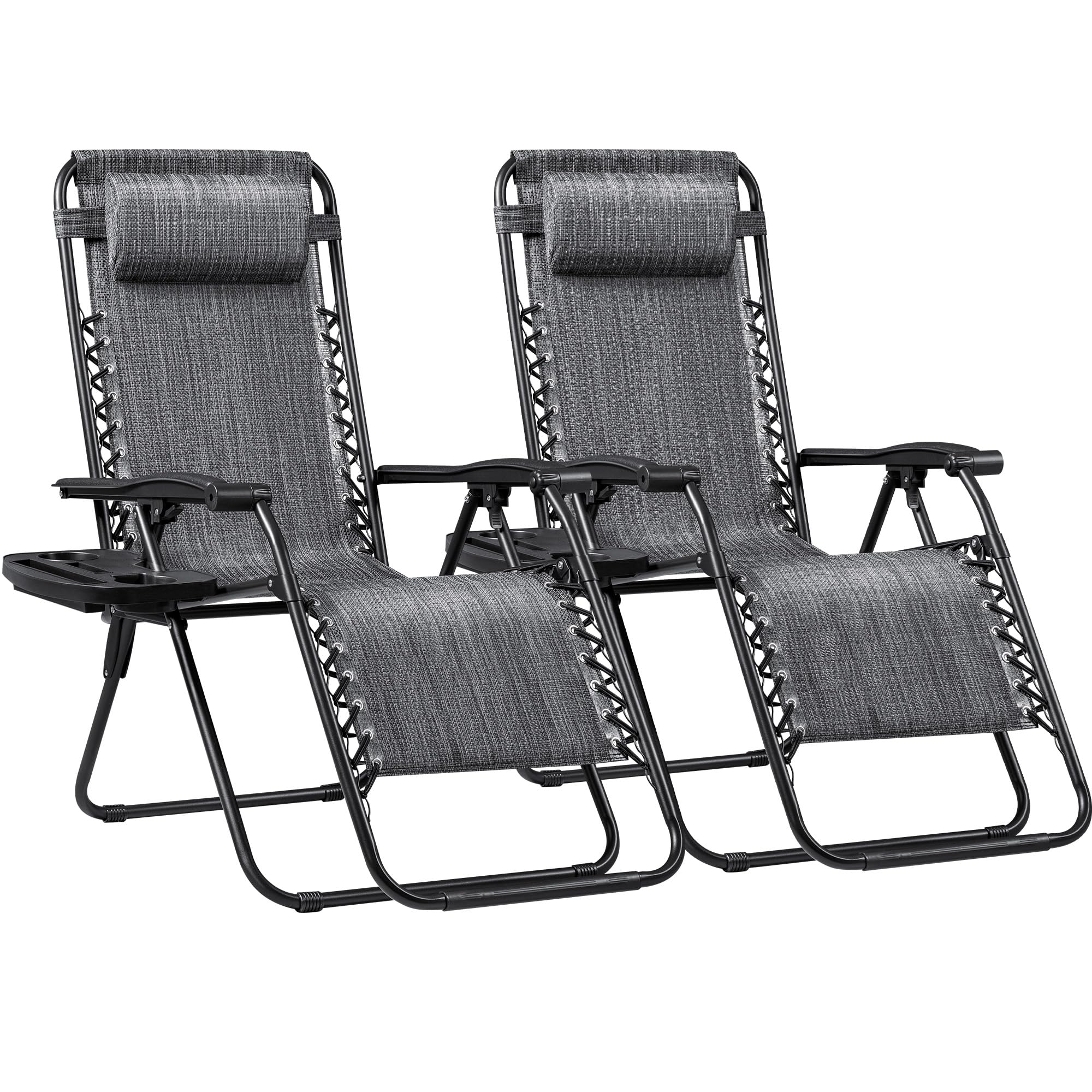 Zero Gravity Chairs Set of 2 Adjustable Steel Mesh Recliners Beach Deck Lawn Camping Patio Foldable Lounge Chair with Cup Holder Trays and Pillows,Double-Gray