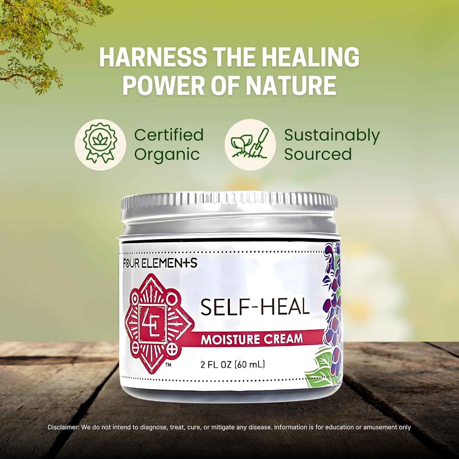 Four Elements 4E Self Heal Moisture Cream, Certified Organic Skincare to help Promote Healing and Rejuvenation of the Skin, 2 OZ