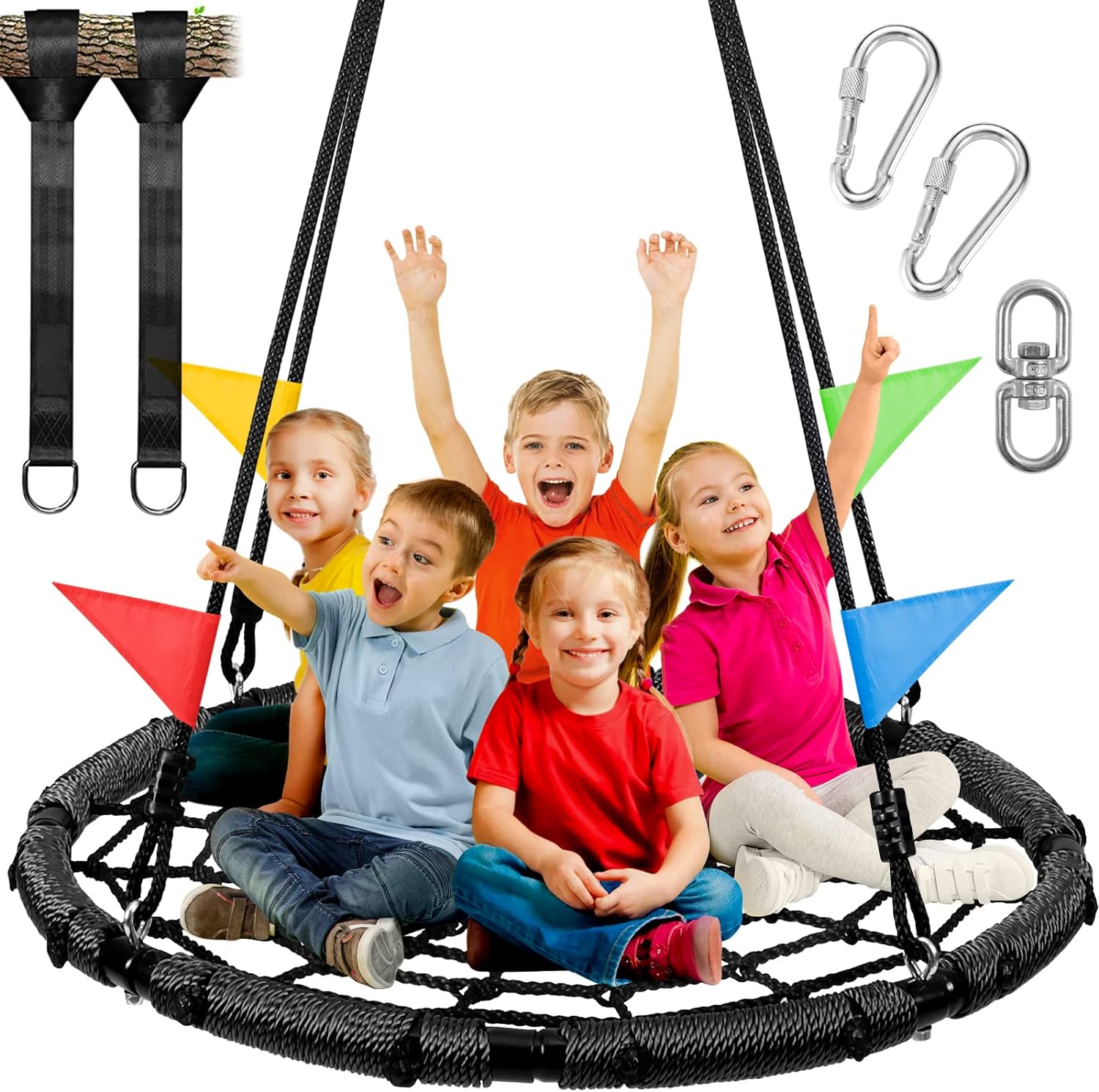 Odoland Spider Web Tree Swing, Outdoor Saucer Net Swing, 900D Oxford Platform Swing for Kids Adult, Backyard Round Flying Swing with Hanging Ropes Straps and Turnbuckle 43in Black Black 43in