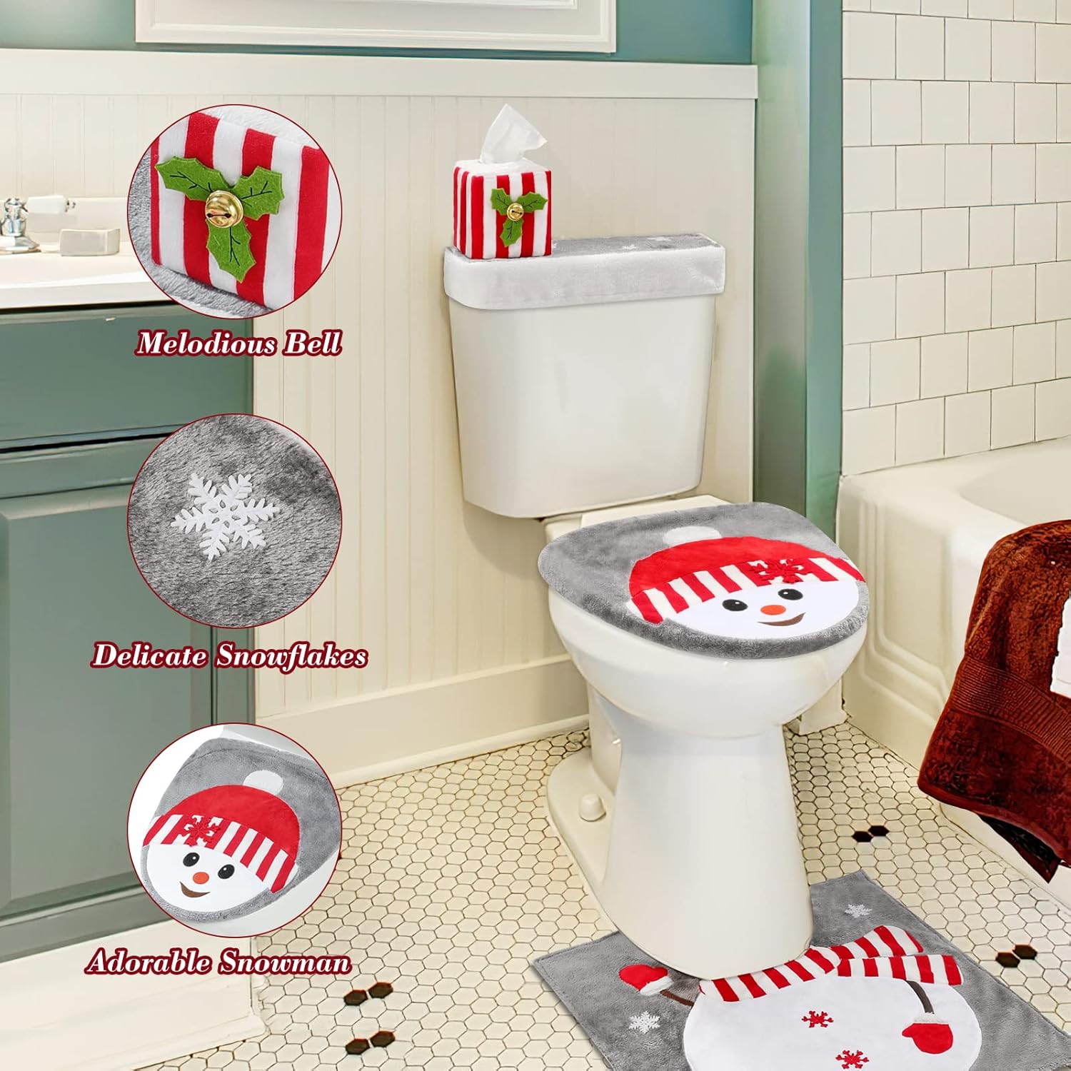 Luxspire Christmas Toilet Seat Cover and Rug Set of 4, Christmas Bathroom Decoration Set, Snowman Toilet Lid Cover, Toilet Rug, Toilet Tank Lid Cover, Tissue Box Cover, Home Decor