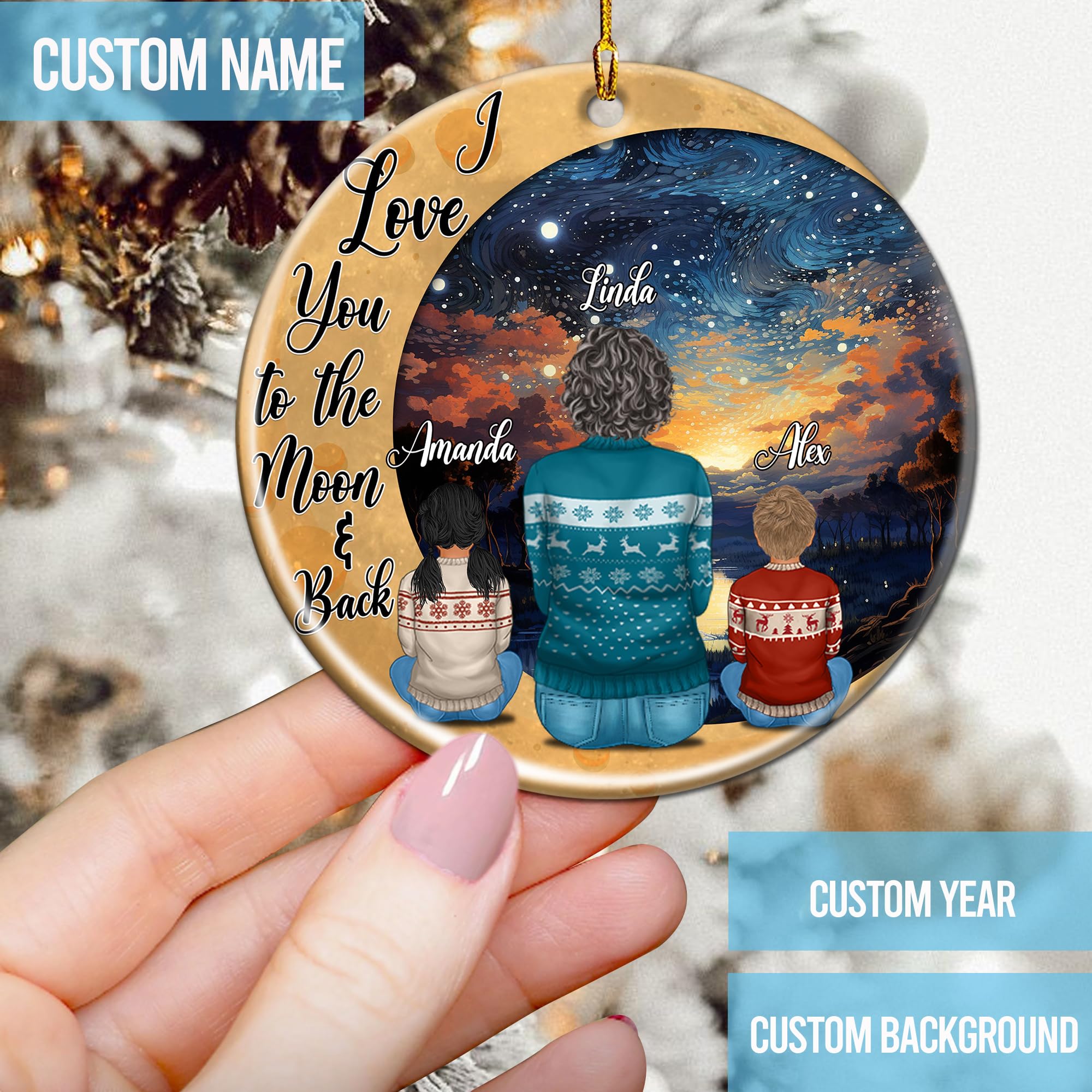 I Love You to The Moon and Back Personalized Round Ornament Christmas Custom with Name Kids Decorations Ceramic Ornaments Home Xmas Tree Gifts for Grandma Mom Mothers Family