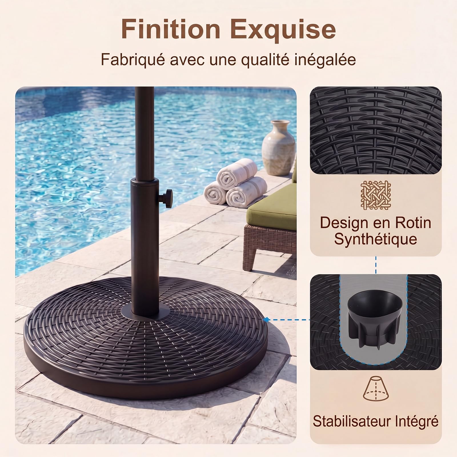 RELAX4LIFE Pied de Parasol Rond en Résine Tressée 10KG, Noir
