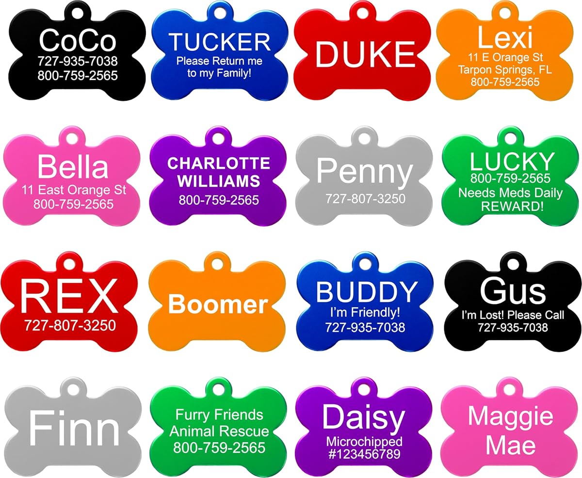 Custom Engraved Aluminum Pet Tags, Cat & Dog ID Tags | Cat & Dog Tags Personalized for Pets, Laser Engraving, 4 Lines of Text, Includes Split Ring, 9 Colors, 8 Shapes & 2 Sizes