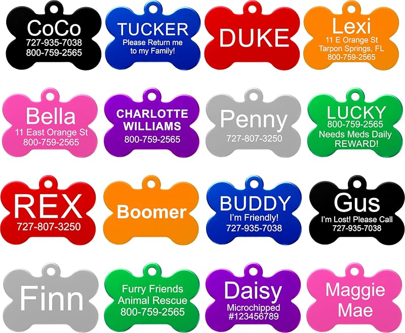 Custom Engraved Aluminum Pet Tags, Cat & Dog ID Tags | Cat & Dog Tags Personalized for Pets, Laser Engraving, 4 Lines of Text, Includes Split Ring, 9 Colors, 8 Shapes & 2 Sizes