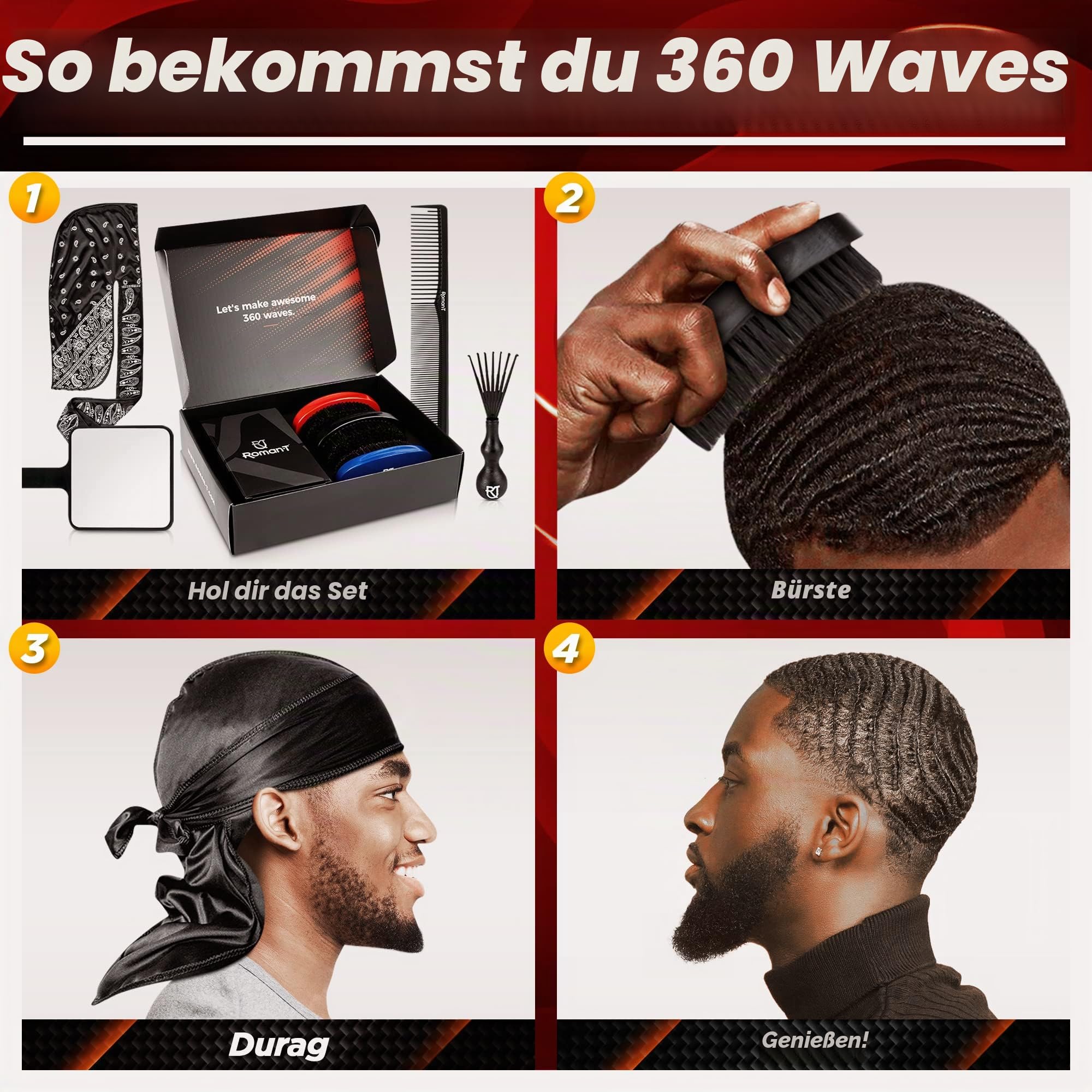 Roman-T 8-in-1 360 Wellenpinsel-Set – Pinsel-Set für 360 Wellen – 3 Wellenbürsten, weich, mittel & hart – 2 seidige Satin Durag – Schwarz & Schwarz Paisley, Handspiegel, Kamm, Haarbürstenreinige