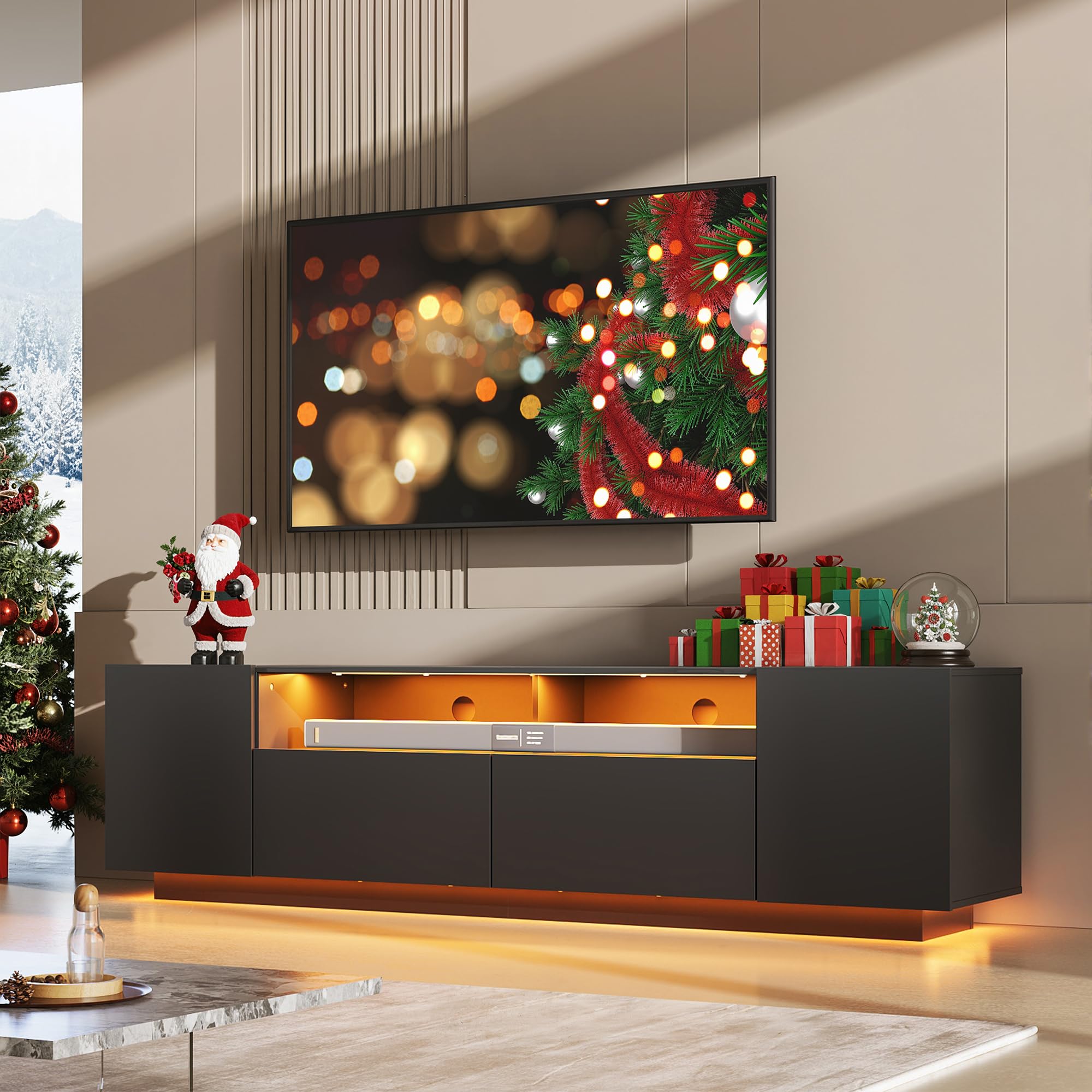 WLIVE TV Schrank Schwarz, Lowboard Hochglanz mit 20 Farben LED-Beleuchtung, TV Board mit Schränken und 2 Freiflächen, Fernsehtisch mit Klapptür, 170 x 36 x 45 cm, Schwarz