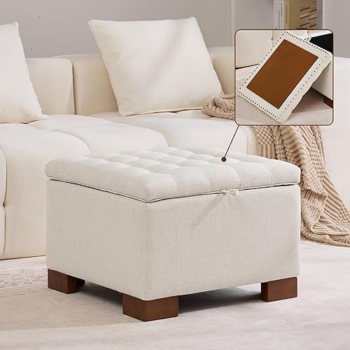 Miniatura 19 de Otomana cuadrada de tela de 24 pulgadas con bandeja de madera, moderno reposapiés con botones, mesa de café, otomana pequeña tapizada para sala de