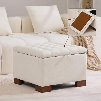 WUTUTUEE 24" Square Fabric Storage Ottoman with Wooden Tray Top, Modern Tufted Button Upholstered Footstool Coffee Table, Multifunctional Small Storage Ottoman for Living Room Bedroom, Beige