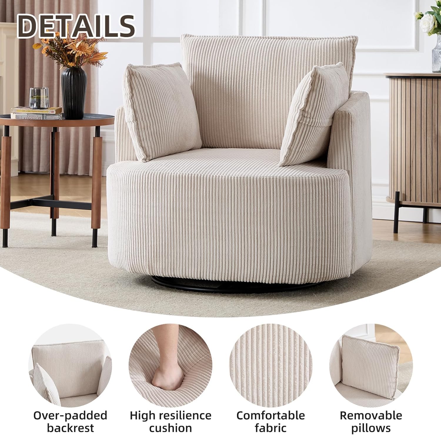CANMOV Swivel Accent Chair, 360°Swivel Barrel Chair with 3 Pillows, Comfy Corduroy Round Armchair Single Sofa Chair for Living Room Bedroom Reading Room, Beige