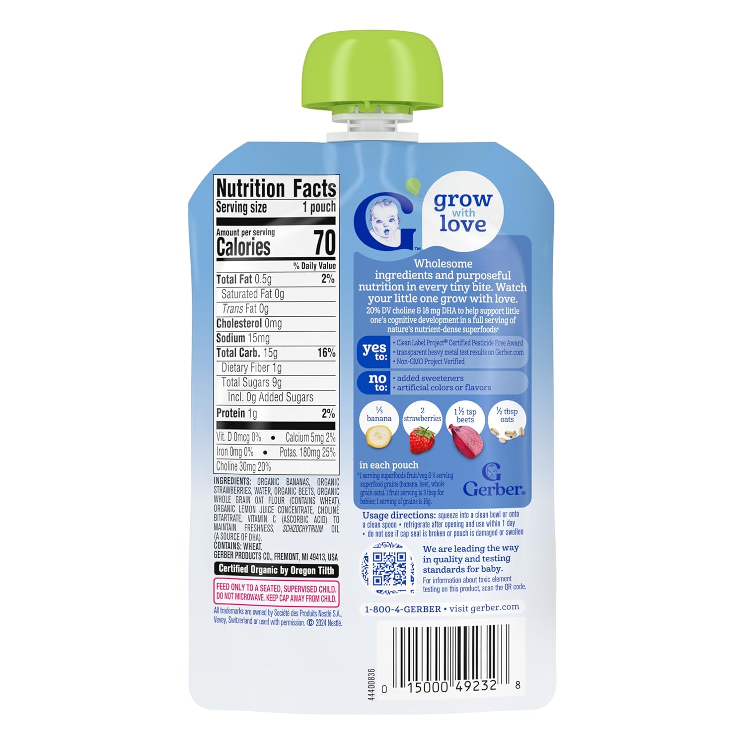 Gerber Organic Baby Food Pouches, Toddler, WonderFoods, Banana Strawberry Beet & Oatmeal, 3.5 Ounce (Pack of 12) - Image 9