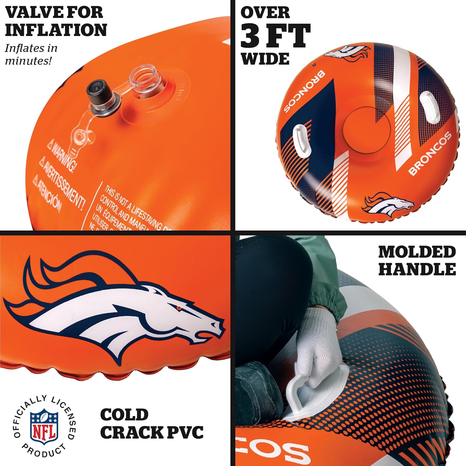 NFL Snow Tube, Heavy Duty Inflatable Sled for Tubing, Fun Winter Toys for Kids & Adults, Football Gifts for Boys - Denver Broncos