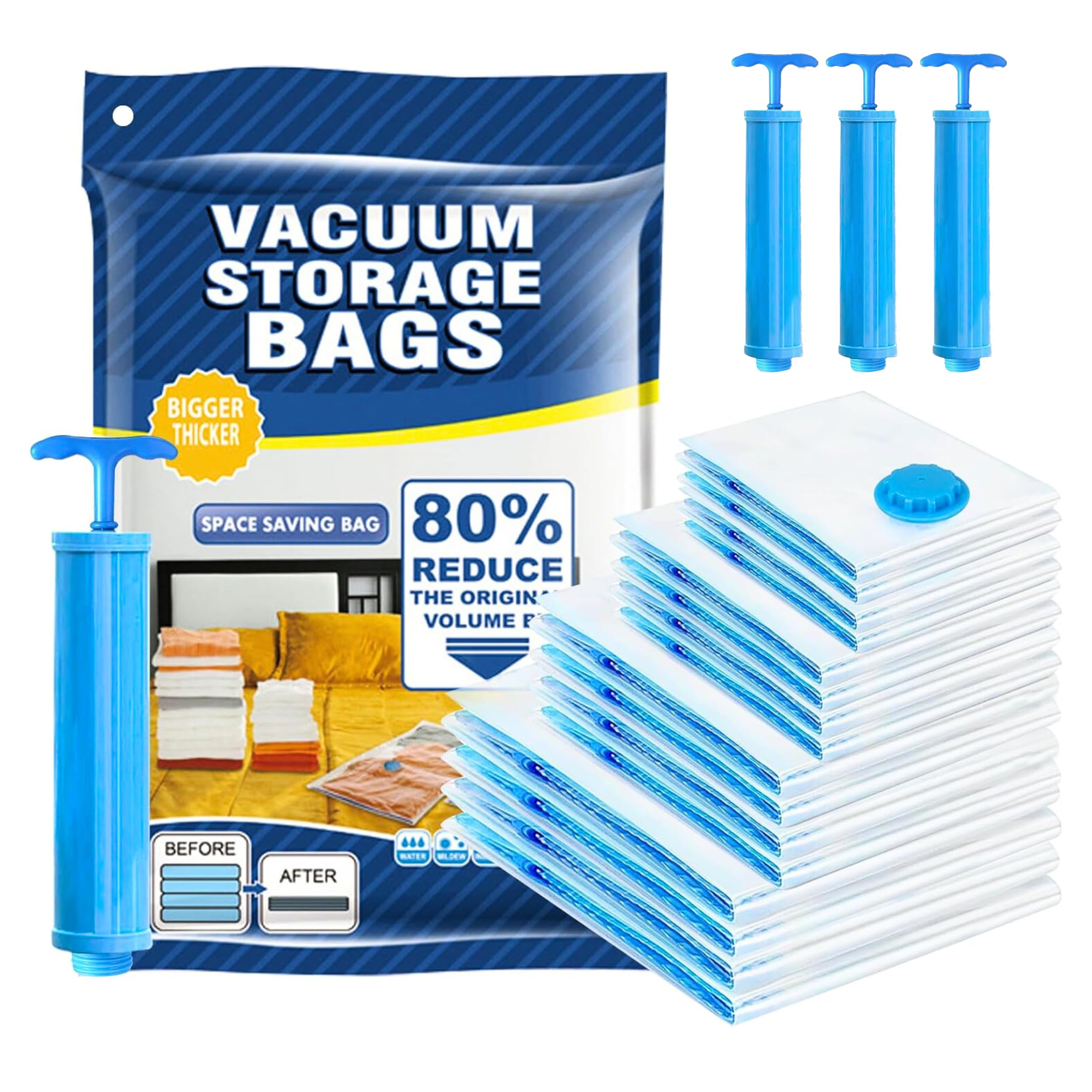 PESCADOR Vacuum Storage Bags - Pack of 18 (3Jumbo/6 Large/6 Medium/3 Pumps) Re-usable Travel Compression Storage Bags For Clothes, Comforters & Blankets - Space Saver Bags with Hand Pump