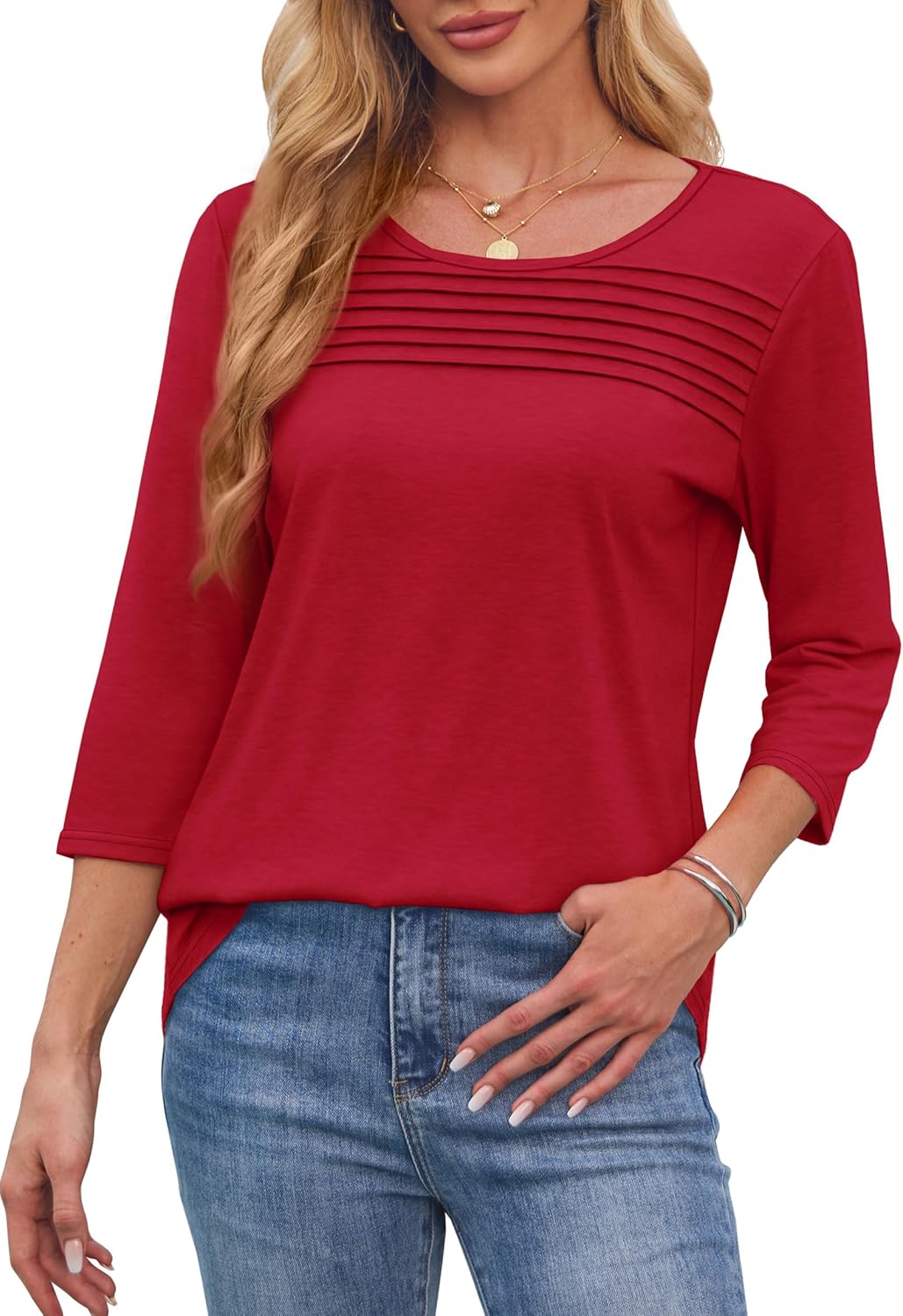 OFEEFAN Womens Tops 3/4 Length Sleeve Blouses Dressy Casual Spring Summer Fall Outfits Pleated Front T Shirts Curved Hem - Image 3