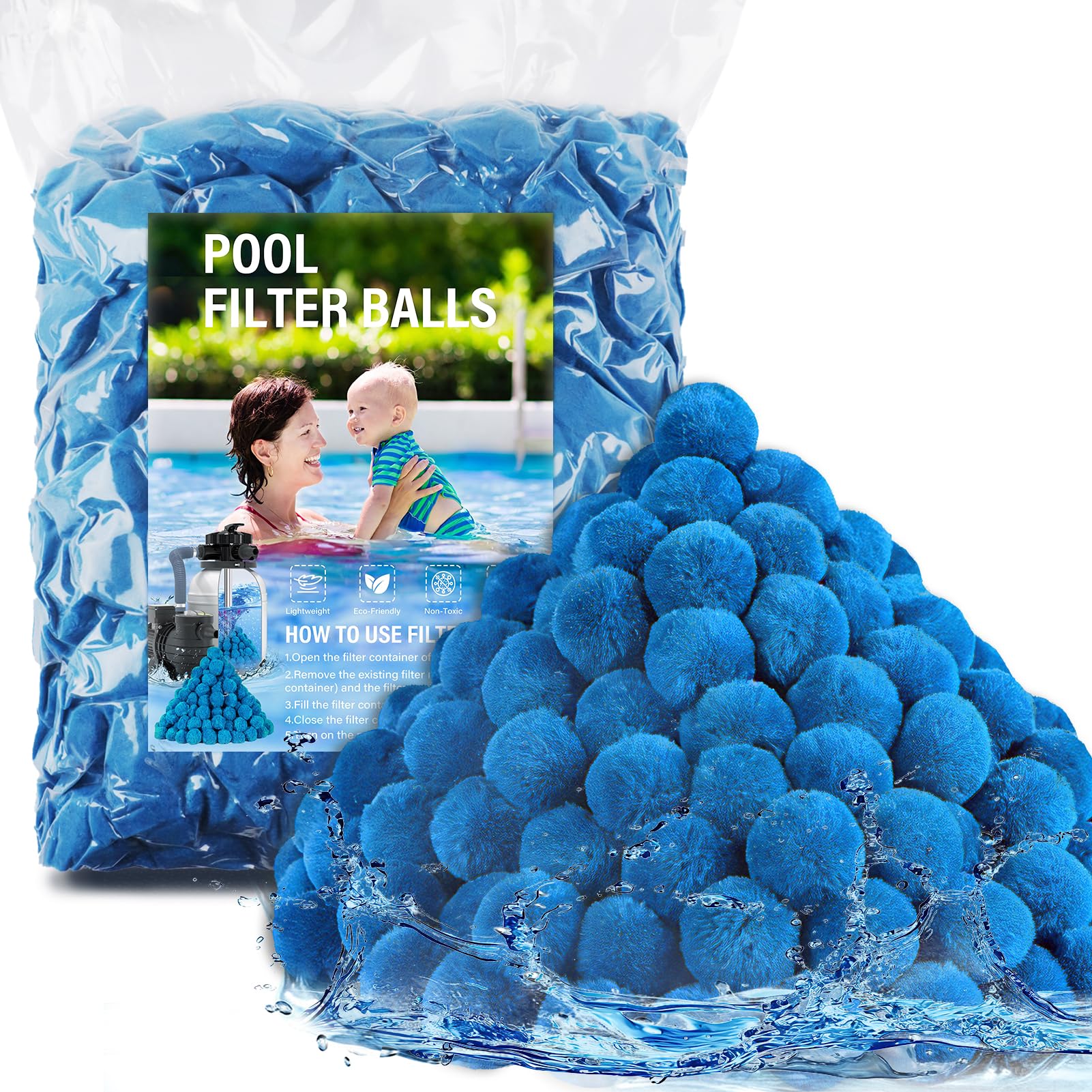 Balles filtrantes de piscine de 1,8 kg pour pompe de filtration, support en fibre haute densité réutilisable amélioré pour remplacer le sable filtrant de 68 kg, filtration durable pour piscine hors