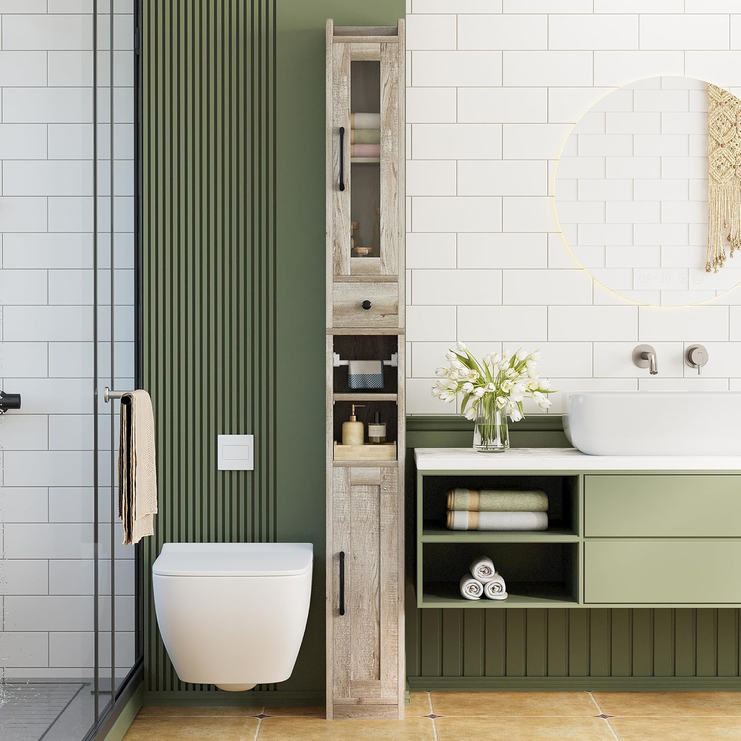 IRONCK Tall Bathroom Cabinet with Drawer and Door, 71" H Slim Freestanding Narrow Storage Cabinet with Adjustable Shelves, Retractable Toilet Paper Rod, for Small Spaces, 7.9" W Rustic Maple