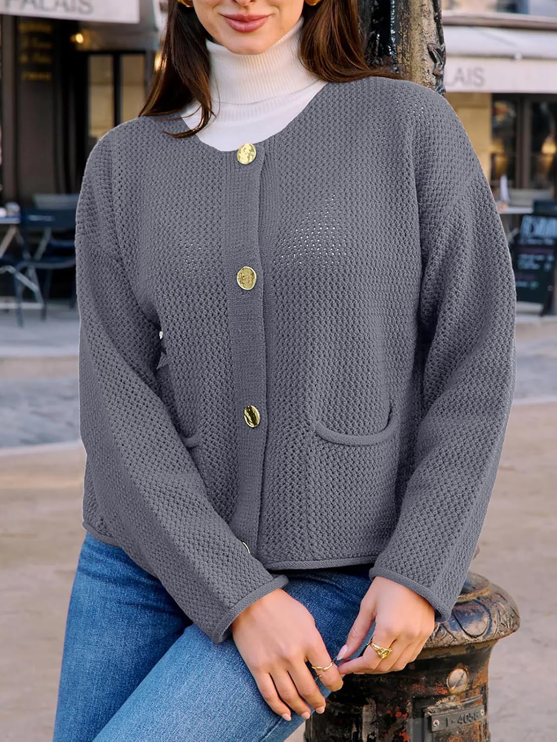 Women's Lightweight Button Cardigan Crewneck with Side Pockets Long Sleeve Open Front Sweater Tops - Image 2