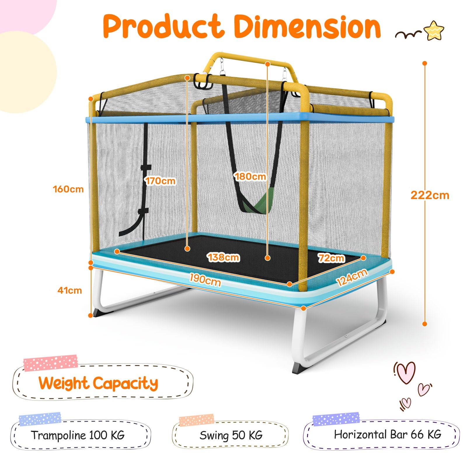 LIFEZEAL 3 en 1 Trampoline Enfant avec Balançoire Amovible & Barre Horizontale, Trampoline Extérieur 190x124x172 cm avec Charge de 200 kg pour 2-3 Enfants