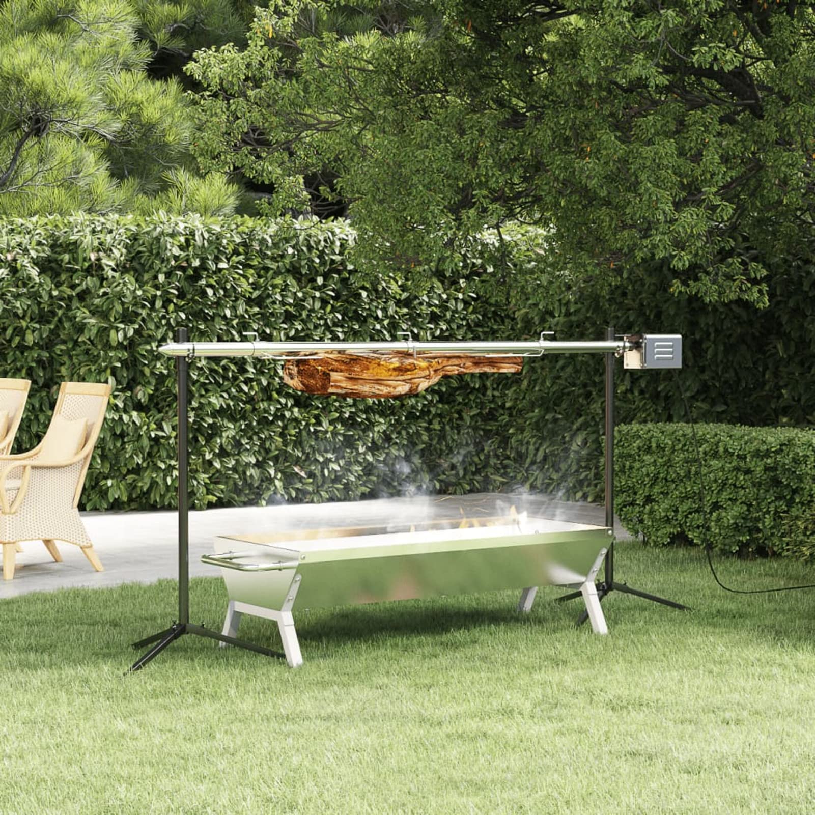 IKAYAA Spanferkelgrill mit Motor, Automatischer Spanferkelgrill, Grillspieß mit Motor Edelstahl, Elektromotor: 15 Watt, Drehspieß aus Edelstahl, stabile, Silber, 150 x 46,5 x 82,5 cm