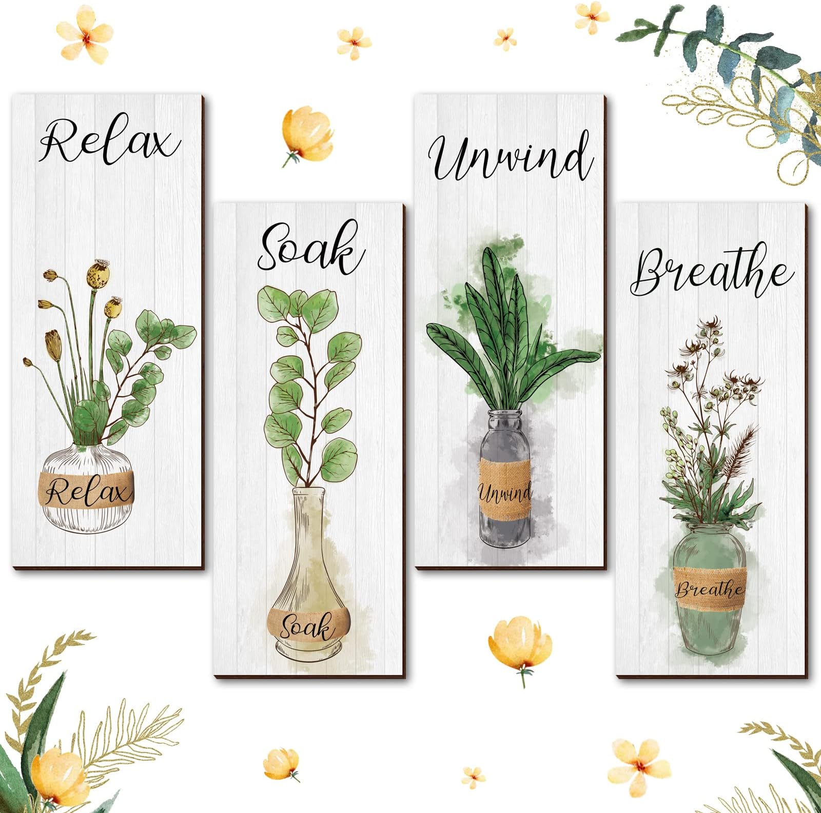 Gerrii 4 Pcs Boho Botanical Bathroom Wall Decor Relax Soak Unwind Breathe Bathroom Wall Art Farmhouse Wall Decor Minimalist Wooden Signs for Home Laundry Decor, 10 x 4 Inch (Eucalyptus Leaves)