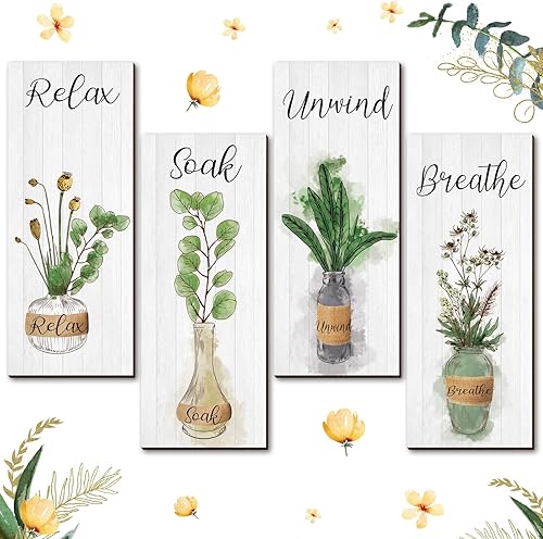 Gerrii 4 piezas de decoración de pared de baño botánico bohemio para relajarse, relajarse, respirar, decoración de pared de baño, decoración de