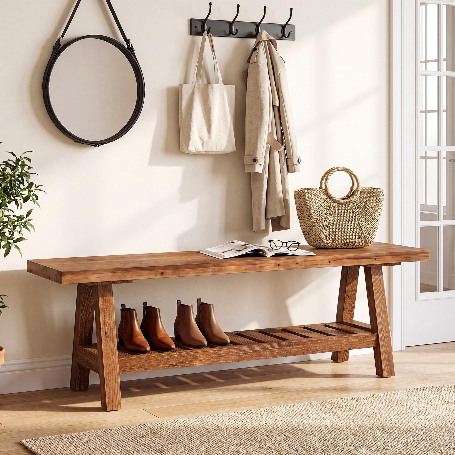 Sitzbank aus Massivholz 140 cm Flurbank mit Ablage und Schuhaufbewahrung Stabile Holzbank für Flur Diele Schlafzimmer Landhaus Design für Garderobe Eingangsbereich Wohnung