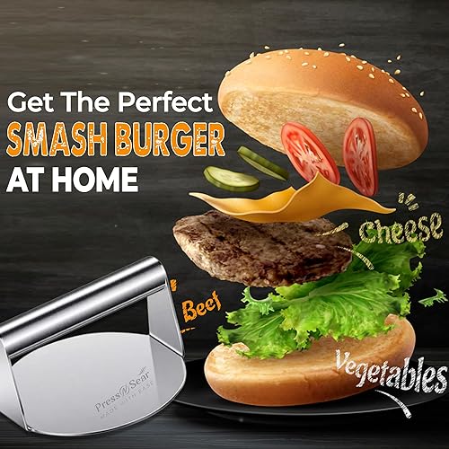 Miniatura 3 de Press N Sear Prensa de hamburguesa de acero inoxidable resistente de 5.5 pulgadas, trituradora de hamburguesas redonda para parrilla plana, kit de