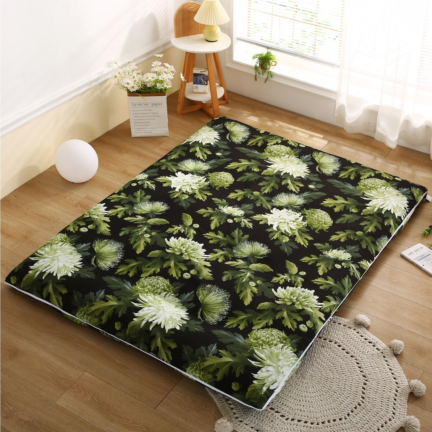Japanese Futon Mattress Cover King Queen Full Size Water-Washed Cotton Futon Floor Mats Cover Machine Washable Printed Protector RV Mattress Slipcovers with Zipper(Style E,59.1x78.7in/150x200cm)