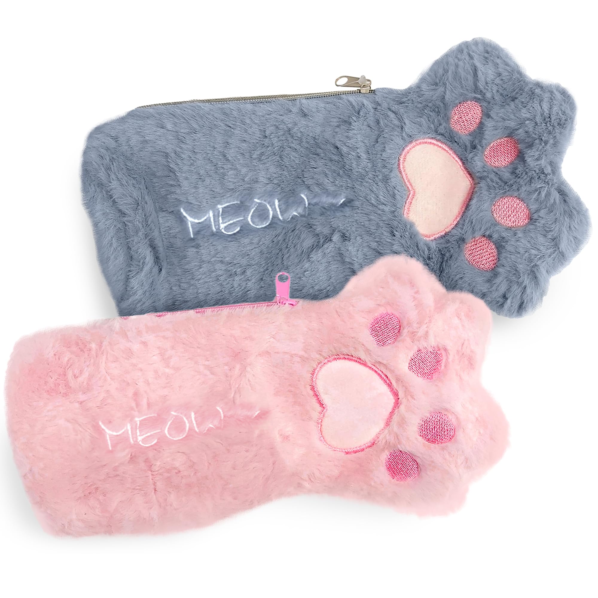 SAMARKAND Cat Paw Plush Pencil Case (2 Pieces) - Pink and Gray Animal Pencil Case Pack - Fluffy Pencil Case for Kids, Girls Cute Kitten Theme School Supplies