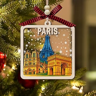 Paris Wooden Christmas Ornament, 2-Layer Wood and Acrylic Decoration with Eiffel Tower- Arc De Triomphe and Notre Dame Cathedral in Snowy Winter Scene, Holiday Souvenir Gift