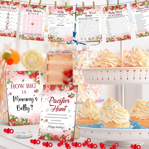 Miniatura 5 de Sherr 424 piezas de suministros de juegos de baby shower de fresa, 6 juegos de 300 tarjetas de actividades, 1 letrero de caza de chupete, 50