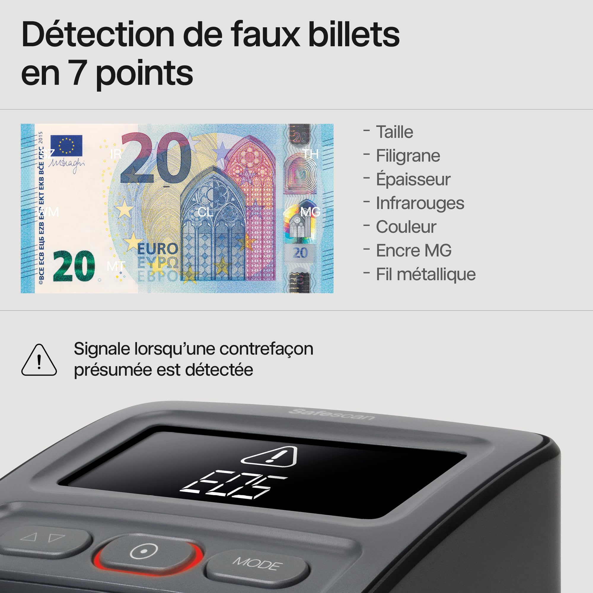 Safescan 155-S & RS-100 détecteur de Faux Billets Automatique pour vérifier Rapidement Les Billets - Détection sur 7 Points - Machine de vérification d'argent 100% précise avec empileur Inclus